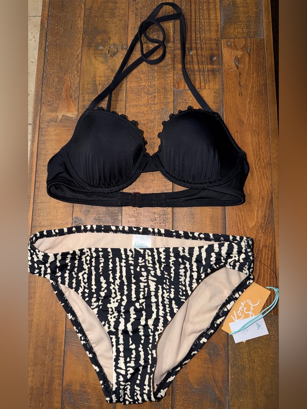 Kona Sol Black Halter Push-Up Top with Black & White Printed Bottoms